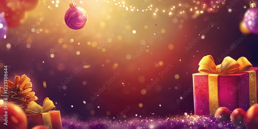 Poster a christmas scene with a large red box and a bunch of small red balls. the box is decorated with a b