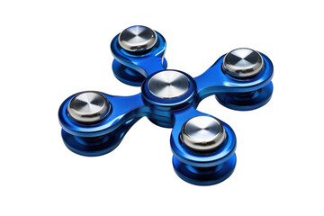 A vibrant blue fidget spinner performing a mesmerizing spin on a smooth surface, reflecting light in an artistic manner isolated on transparent background