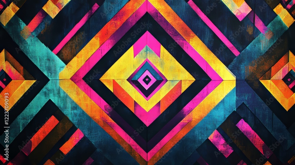 Poster this artwork features intricate geometric patterns with layers of vibrant colors, engaging the viewe