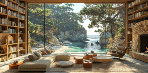 A welcoming home office library with large windows that provide serene views of nature bathed in soft sunlight, featuring an ocean beach scenery backdrop. The space includes a bookshelf with modern