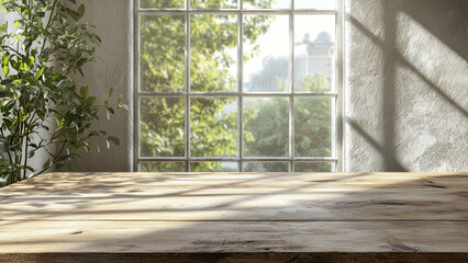 Wooden table near window interior