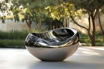 A contemporary metallic sculpture installed in an outdoor setting, mirroring its natural...