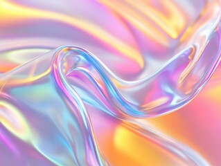 A colorful, flowing piece of fabric with a rainbow pattern. The colors are vibrant and the fabric appears to be made of a shiny, reflective material. Concept of movement and fluidity