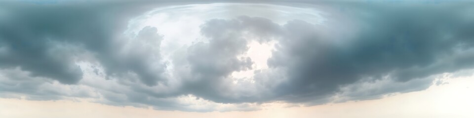 Obraz premium Dramatic overcast sky panorama. Gloomy rainy clouds fill sky. HDR 360 seamless spherical view. Suitable for aerial drone panoramas. Represents climate change concept. Weather pattern shows potential