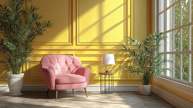 Yellow and gray modern living room wall background with a lamp, decorative armchair, center table, and an empty picture frame