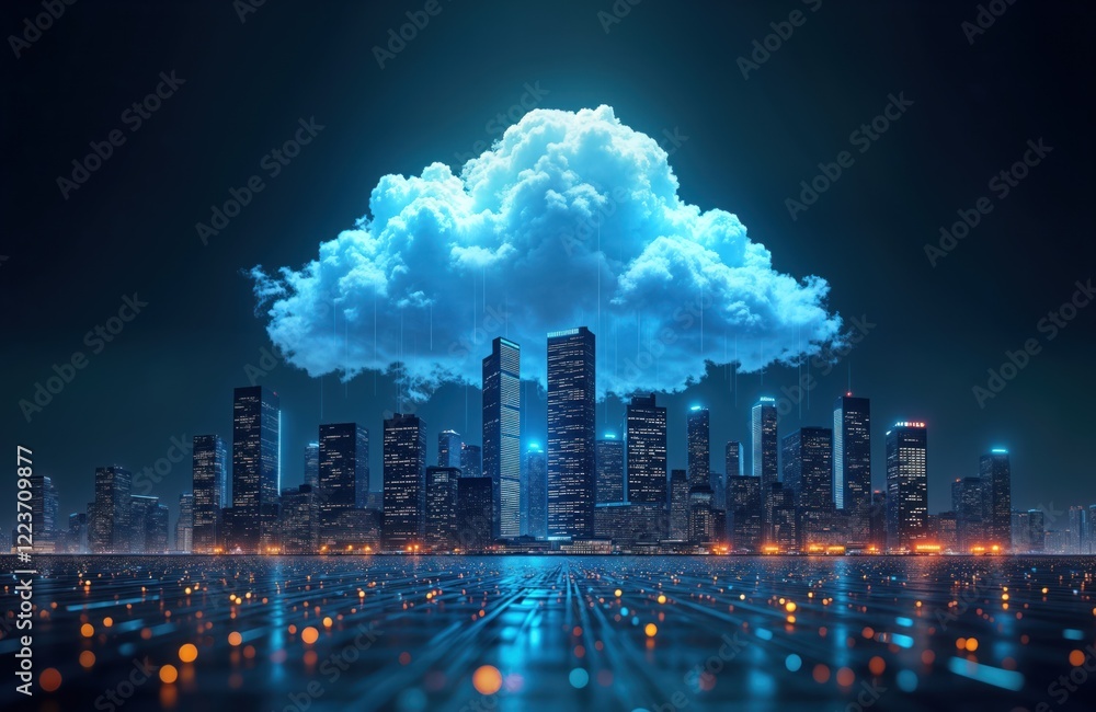 Aufkleber Futuristic city skyline under massive glowing cloud. Digital data transfer from cloud to city. Modern tech infrastructure. Global data migration. Future tech concept.