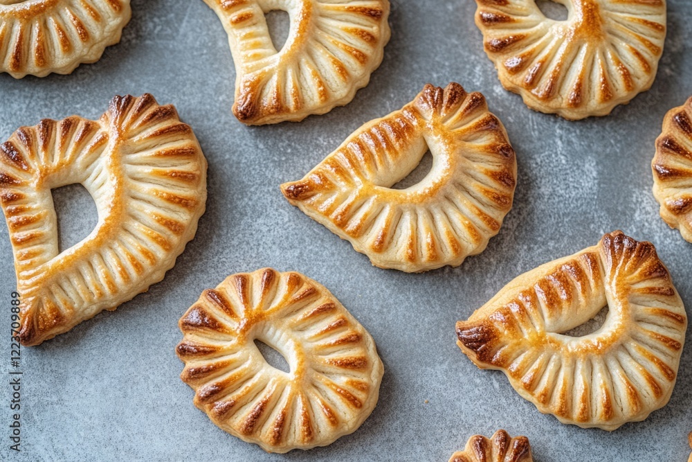 Aufkleber a row of pastries with a variety of shapes and sizes. the pastries are arranged in a neat row on a c