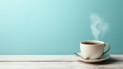 A Classic Tea Arrangement,  Steaming Cup of Black Tea on a Saucer with a Teaspoon, Placed on a Light Wooden Table, with a Blank Area to the Left for Text on a Pale Blue Background, copy space