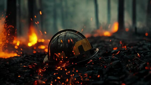 In the heart of a raging wildfire, a solitary firefighter's helmet rests on the ground, surrounded by glowing embers and smoke. Nature battles relentless flames, echoing heroism and sacrifice