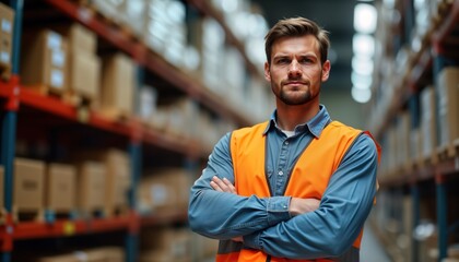Obraz premium Confident worker stands in warehouse. Employee wears safety vest. Positive attitude. Focus on industry. Pro worker in logistics. Industrial setting. Serious face. Indoor location. Man in business.
