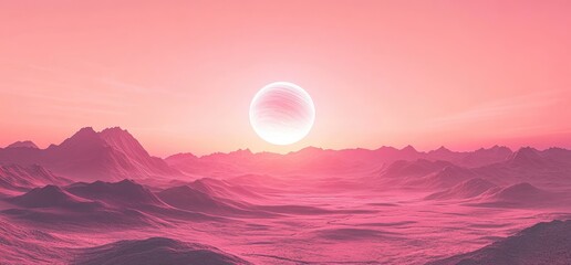 Fototapeta premium Pink alien planet sunset over mountains; science fiction landscape; background for design
