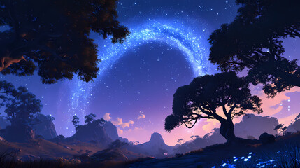 Fototapeta premium Majestic milky way arching over silhouetted trees in a vast, starlit landscape. Starlit Arch. Illustration