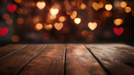 Empty copy space wooden minimalist table with glowing bokeh hearts in the background