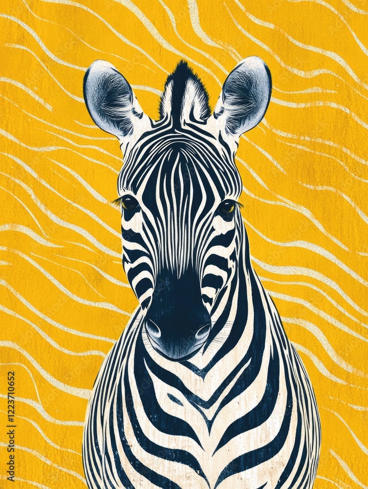 Poster a zebra is staring at the camera with a yellow background. the zebra is the main focus of the image,