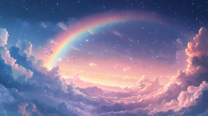 Pastel rainbow dreamland: a whimsical illustration of a rainbow arching over fluffy pastel clouds and a starlit sky, evoking a sense of serenity and wonder. Starlit Arch. Illustration