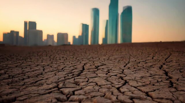 Expanding desert encroaching on cities drying landscapes forcing adaptation water depletion reshaping modern habitats, barren land symbolizing environmental decline sustainable solutions survival