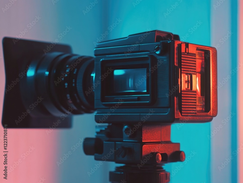 Poster a camera with a red light on it. the camera is on a tripod. the camera is in front of a white wall