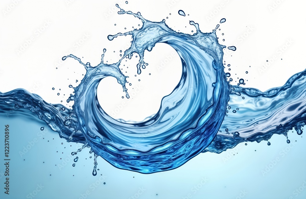 Poster Blue water swirls in dynamic wave pattern with splashes, small bubbles. Liquid flows in circular wave form. Image isolated on clear background. Freshness, purity. Perfect for water bottles,