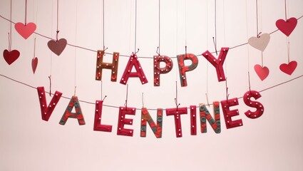 handmade letters of "Happy Valentine's" hanging on strings, spelling a cheerful message in vibrant colors against a soft background