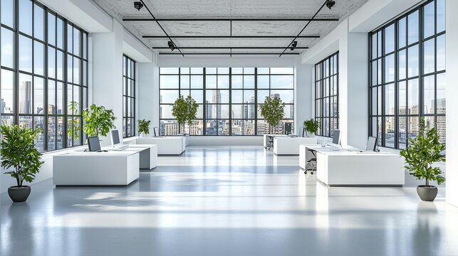 A photorealistic depiction of white workplaces to use as a zoom call backdrop