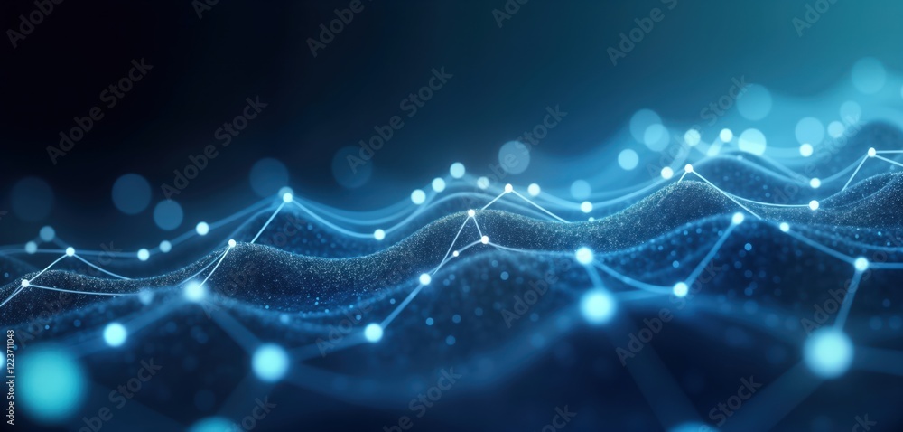 Poster Abstract futuristic network connection. Fiber optic network lines form complex structure of interconnected points. Blue tones, glowing lights create dynamic digital design. Modern technology,