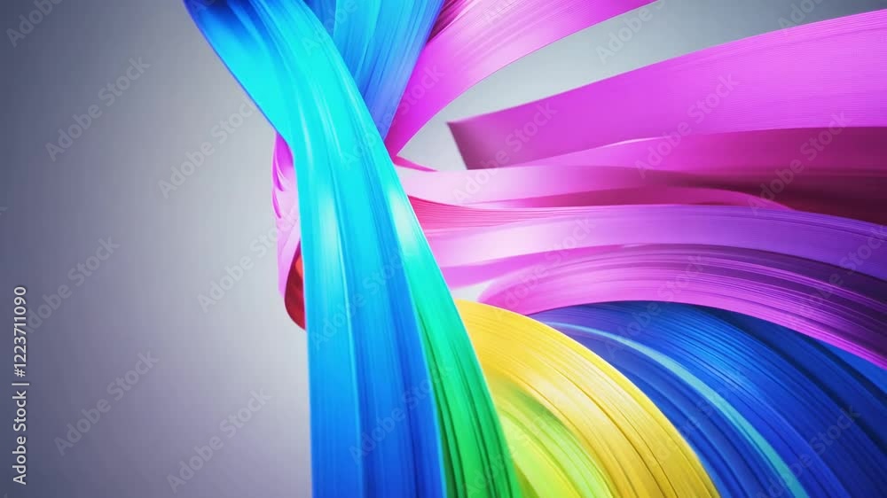 Poster the camera rotates around flowing ribbons of color transitioning through the rainbow, twisting and l