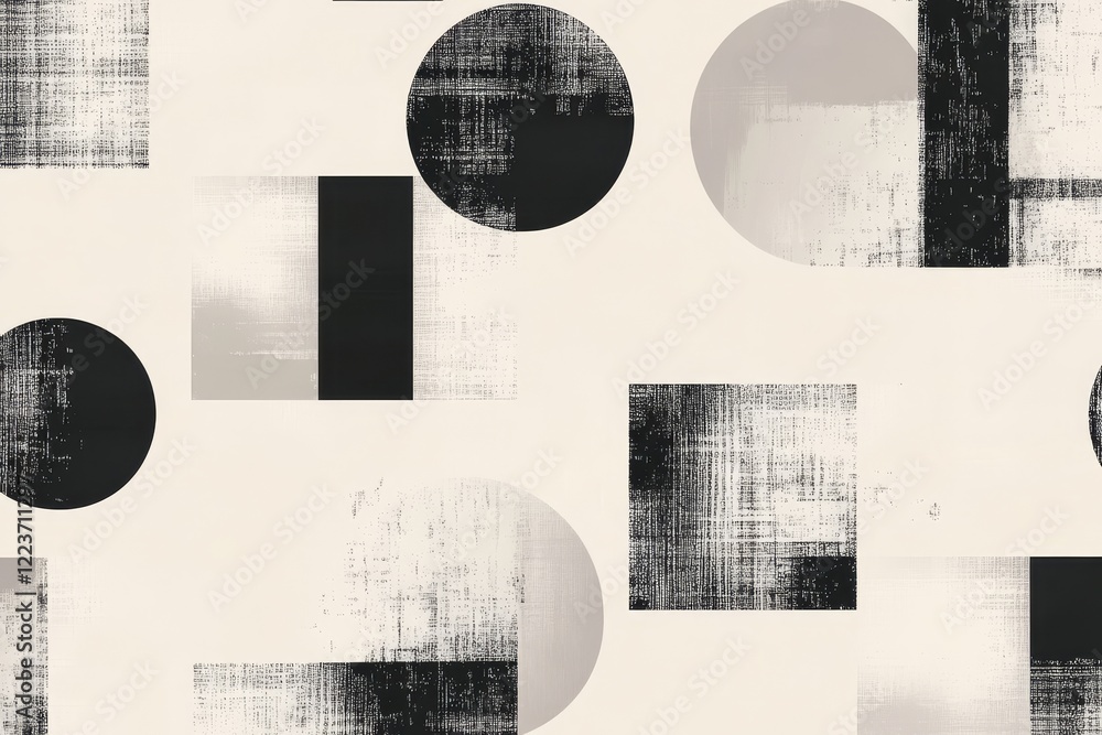 Poster black and white abstract composition with geometric shapes, featuring a textured appearance and mini