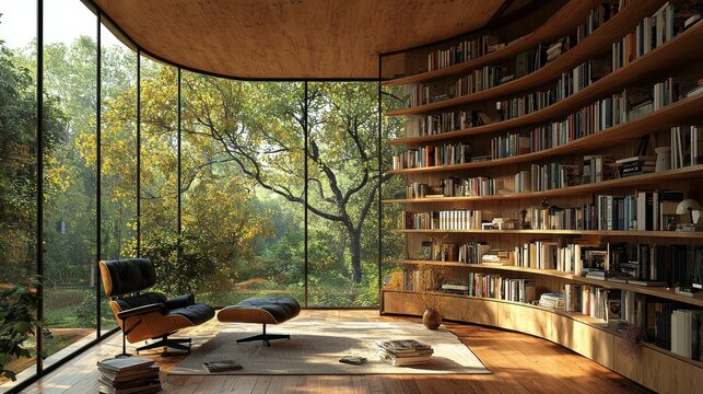 A scenic bookshelf background with a cozy home office atmosphere featuring a library-like study area. The room offers a view through a window showing trees and hills, set against a rustic wood