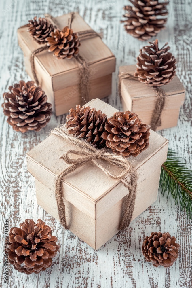 Aufkleber a box of presents is decorated with pine cones. the pine cones are tied to the box with string