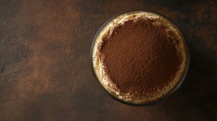 A classic tiramisu with layers of espresso-soaked ladyfingers and creamy mascarpone, topped with cocoa powder, Centered in a simple glass dish