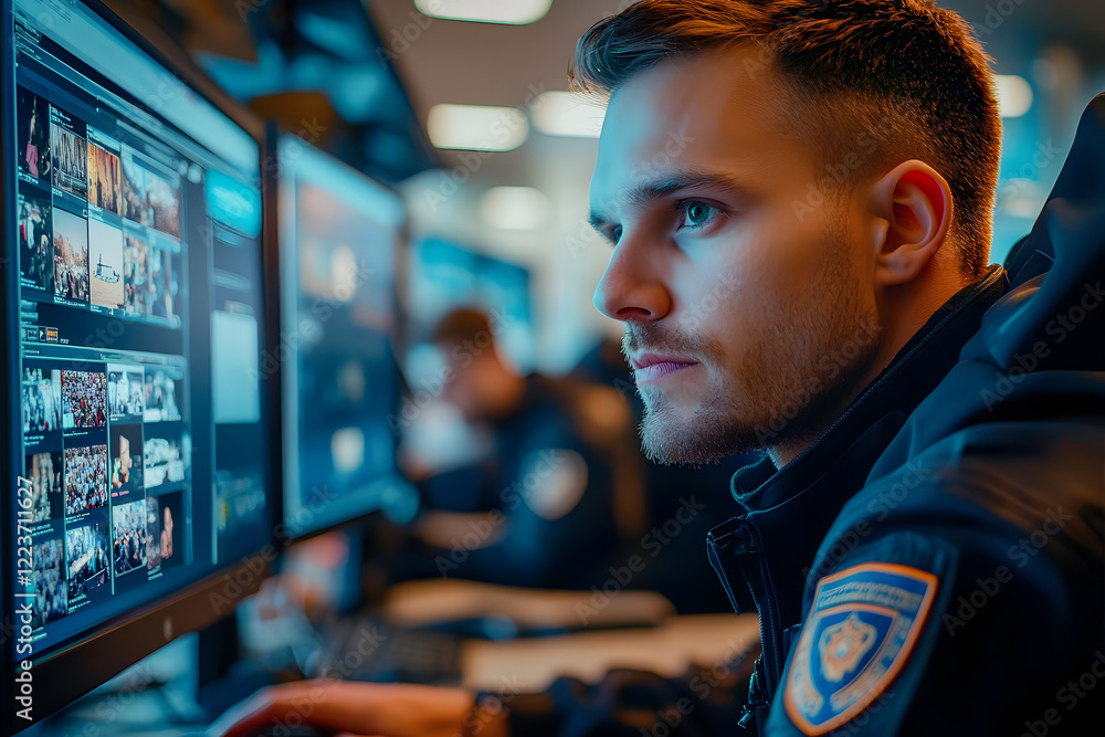 Poster security officer works on computer in police monitoring center with cctv cameras generative ai