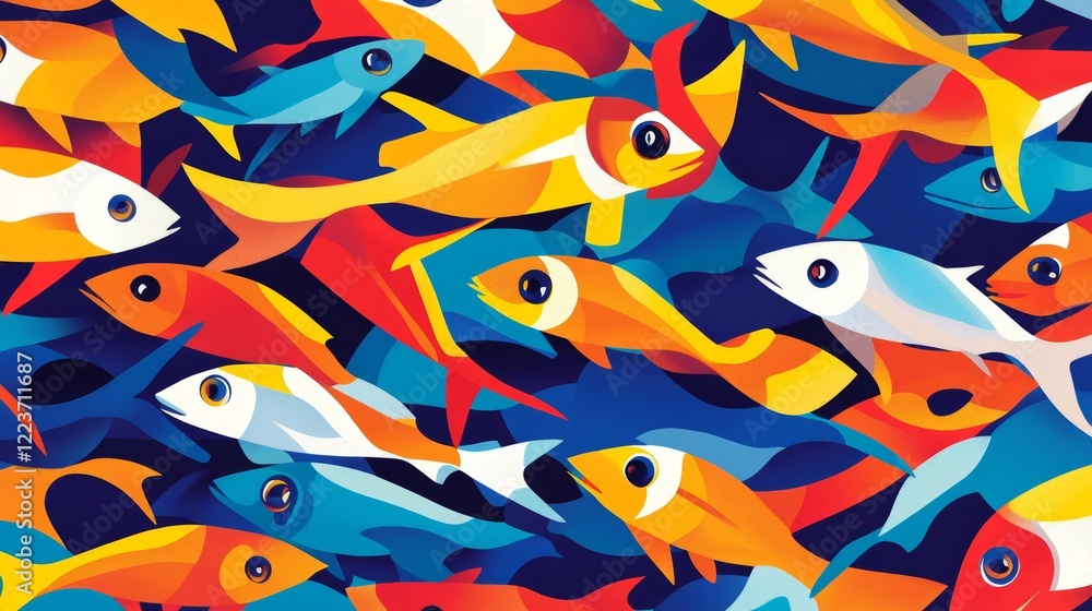 Poster an array of brightly colored abstract fish swim in a dynamic composition, showcasing the diverse and