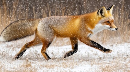A vibrant red fox with a bushy tail gracefully moves through a snowy landscape, each paw delicately touching the ground as snowflakes dance around it.