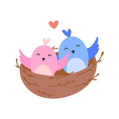 Cute Birds in a nest with heart vector illustration. Bird family, love, spring in flat style