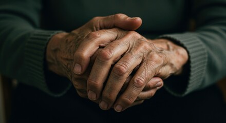 Fototapeta premium A delicate portrayal of elderly hands folded gracefully, emphasizing the beauty of aging and life’s journey. 