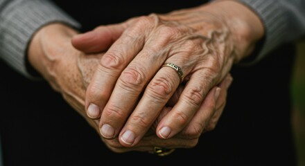 Wrinkled hands clasped in a serene moment, symbolizing a rich life filled with stories and memories.
