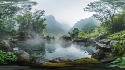 山中の露天風呂を360度で捉えた静寂のリラクゼーション風景