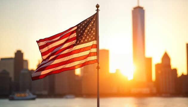 American flag waving gently at sunrise over New York City skyline. Peaceful tribute to 911 victims. Symbolic image of resilience, hope. Dawn breaks over iconic landmark. Calmness, serenity in