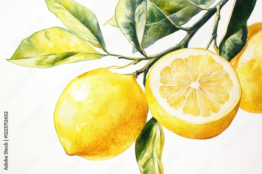 Aufkleber a painting of a lemon with a slice missing. the painting is of a tree with a lemon hanging from it