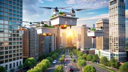 Obraz premium Drone Delivering Meals in Futuristic Urban Setting