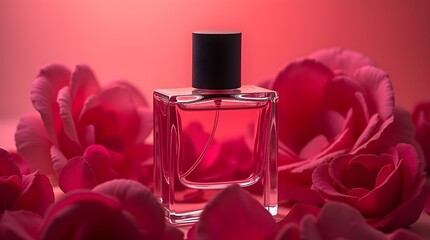 red rose petals surrounding a perfume bottle, large space for copy