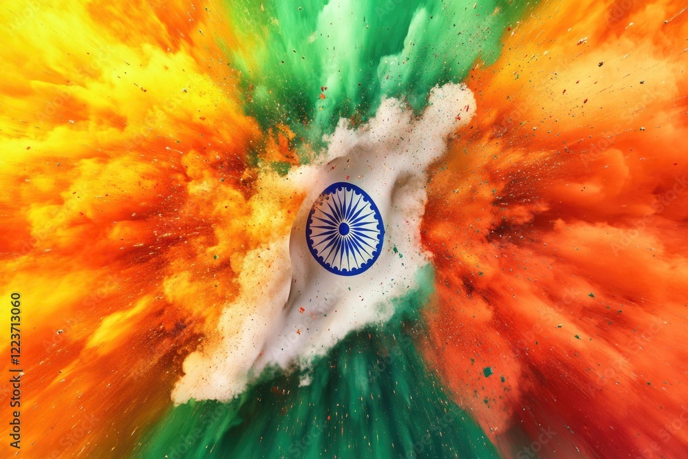 Poster a colorful explosion with the indian flag in the middle. the explosion is a representation of the co