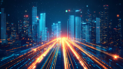 Fototapeta premium Futuristic cityscape: neon lights and glowing road. Stellar Path. Illustration