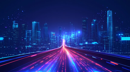Futuristic cityscape: neon lights and glowing road. Stellar Path. Illustration