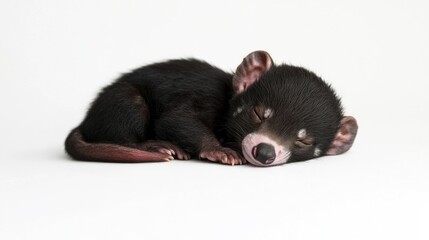 Obraz premium A baby toy bear is sleeping on a white background. The bear is small and black. Concept of innocence and warmth, as the baby toy bear is peacefully sleeping