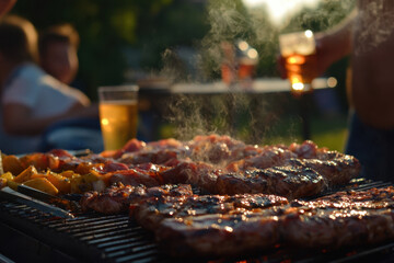 A social gathering featuring grilled meats, drinks, and laughter in a summer barbecue setting.