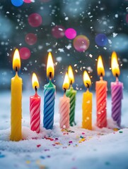 A row of colorful candles are lit on a snowy surface. The candles are arranged in a row, with some of them being taller than others. Concept of warmth and celebration