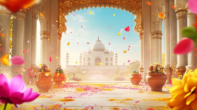 Indian Frame with Holi Colors, gold Patterns, Pots and Lotus Flowers in Hindu Temple with Domes. Copy space. Generative AI