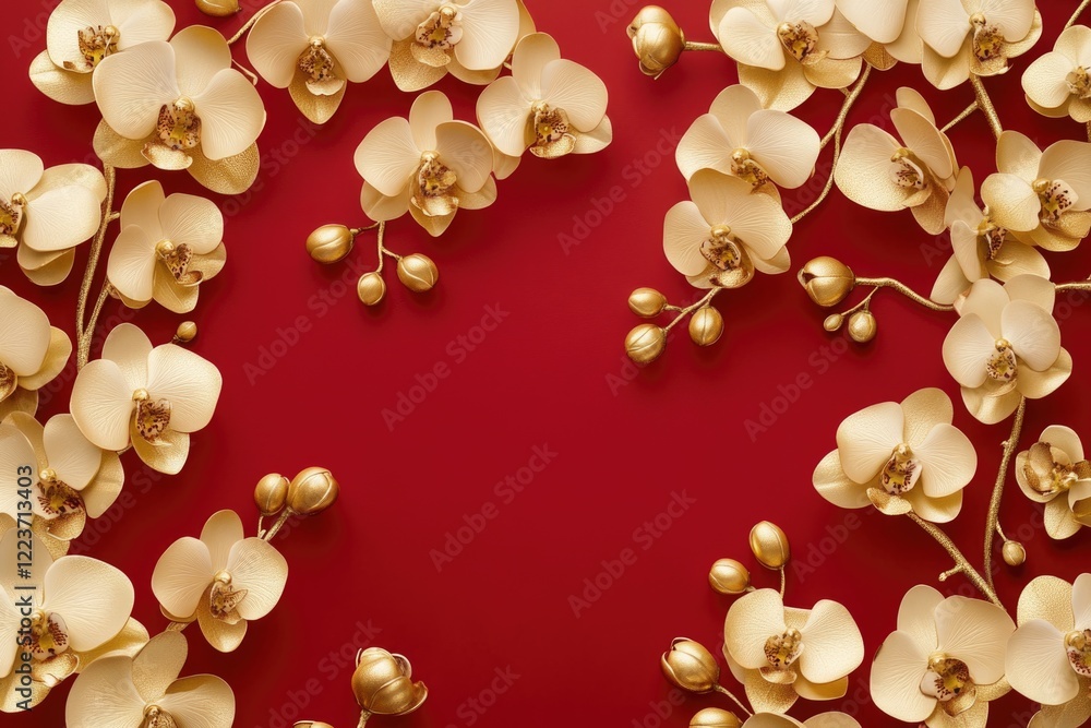 Poster a red background with gold flowers in the foreground. the flowers are arranged in a way that they fo