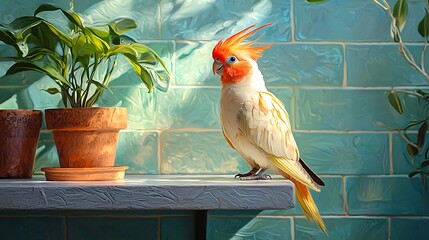 Painting a cheerful cockatiel singing on its perch in a bright kitchen